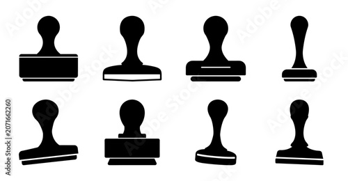 Black vintage rubber stamps set - Eight classic black rubber stamps arranged neatly in two rows, ideal for vintage or official document designs.
