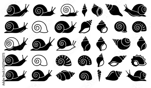 Foto Snail and Marine Gastropod Shell Silhouette Vector Icon Set Featuring Various Ga