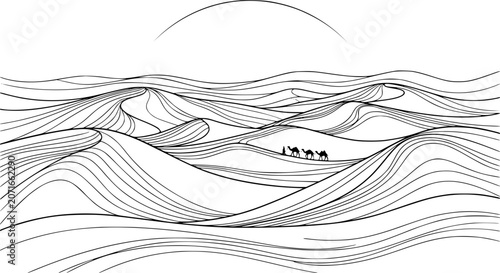 Fotografie desert dunes, camel caravan, sahara landscape, black and white desert, minimali