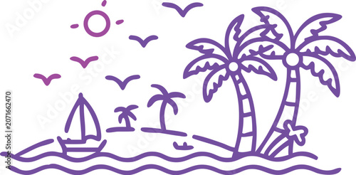 Foto Tropical Beach Island Vector Illustration with Palm Trees Ocean Waves Sunset Sky