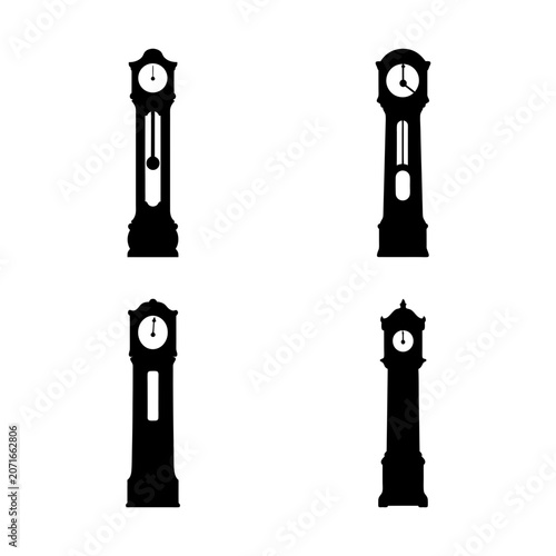 Four black clock tower icons in a grid - Minimalist set of four black clock tower icons arranged neatly in a square grid pattern for design use.