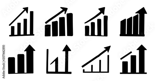 Simple upward growth trend line icons - Eight clean black upward trend line icons showing progress and growth in a simple, minimalist style.