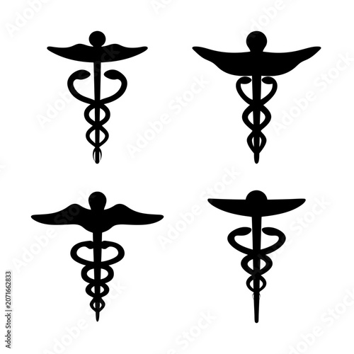 Black medical caduceus vector icons set - Four black medical caduceus symbols arranged in a grid for medical, healthcare, or pharmacy use.