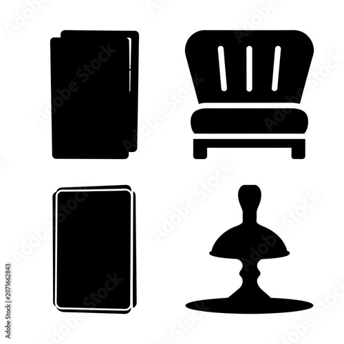 Flat icons of phone, chair, and chess piece - Minimalist black flat icons showing a smartphone, armchair, and chess pawn in a clean design style.