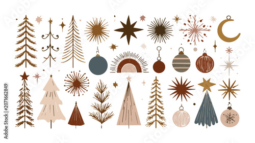 Festive Holiday Decorations with Christmas Ornaments and Stars.