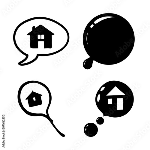 Black speech and thought bubble house icons set - Four minimalist black icons showing speech bubble, thought bubble, and house symbols in a clean, modern style for web or print use.