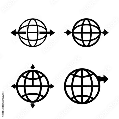 Earth globe with directional arrows icon set - Minimalist vector icon set showing Earth globe with north, south, east, and west directional arrows for navigation or design use.