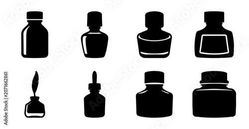 Black ink bottles and dip pen icon set - Minimalist vector icons of ink bottles, pens, and calligraphy tools in black and white style for stationery and design projects.