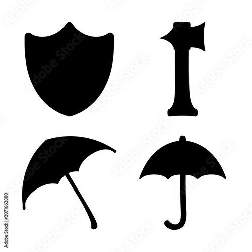 Shield and umbrella icon set with cross symbol - Minimal black vector icons of a shield, cross, and umbrella for symbolic or protective designs.