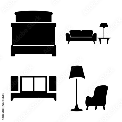 Minimalist black furniture set illustration - Clean black silhouettes of a sofa, armchair, side table, floor lamp, and dresser in a modern minimalist style.