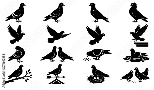 Billede på lærred Vintage Black Silhouette Vector Icon Set of Pigeons and Doves Flying Standing Ne