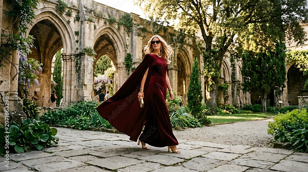 Naklejka premium Elegant woman in a long velvet dress walking through ancient ruins