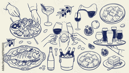 Elegant line art illustrations of food and drink including fish pasta desserts wine beer and cocktails with festive dining and social gathering details