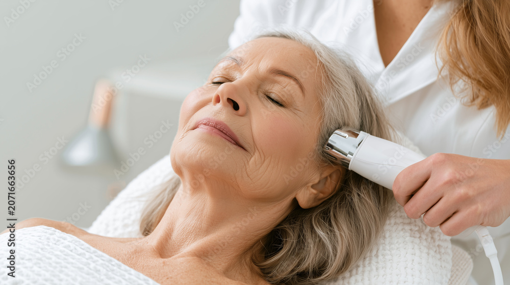 Fototapeta premium Senior woman enjoying noninvasive facial treatment in modern beauty clinic
