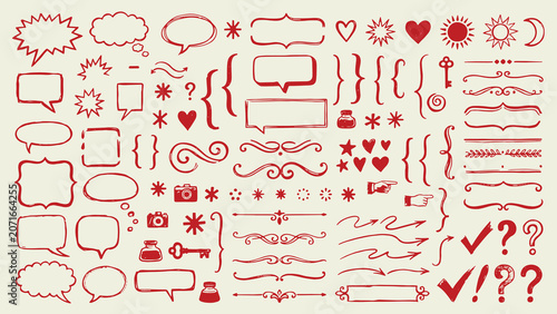Hand drawn red decorative elements including speech bubbles arrows hearts stars and vintage icons arranged on beige background for creative design projects