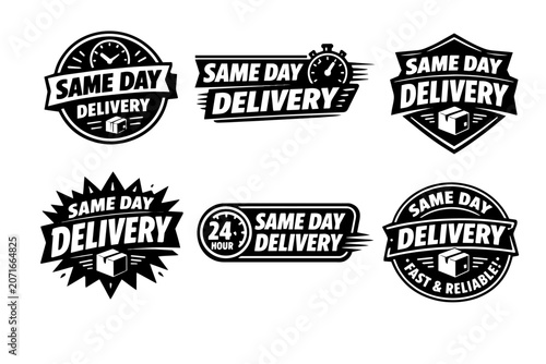 Collection of same day delivery badges and labels indicating fast shipping, 24-hour service, and quick logistics solutions