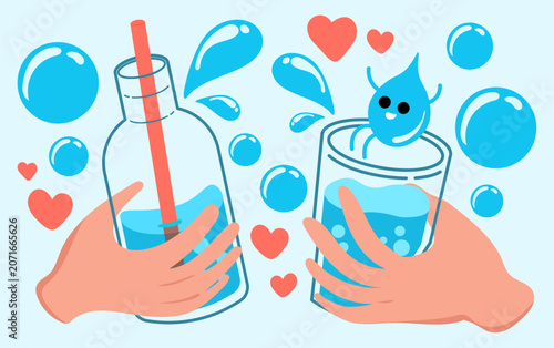 Cute Water Drinking Illustration with Happy Water Drop Character and Hydration Concept