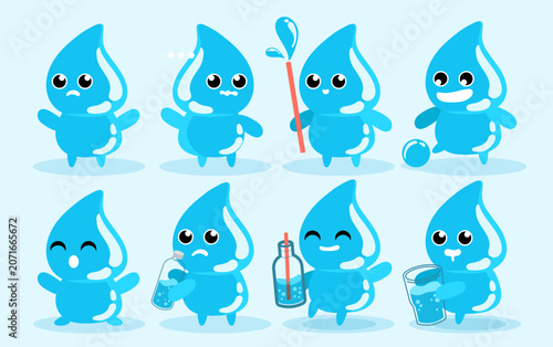 Cute Water Drop Mascot Character Set with Different Expressions and Drinking Activities Illustration
