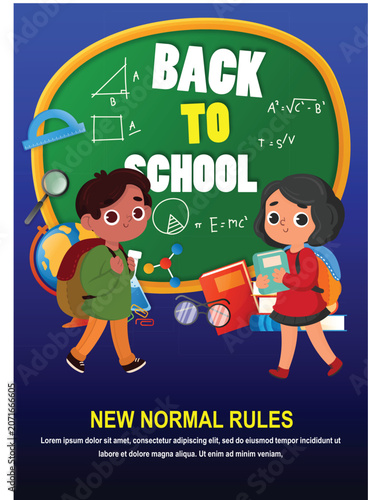Hand drawn flat back to school poster template with cute children and school supplies 