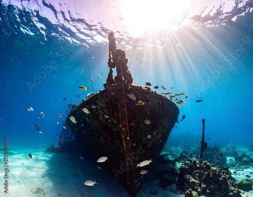 Sunlit shipwreck teeming with marine life below