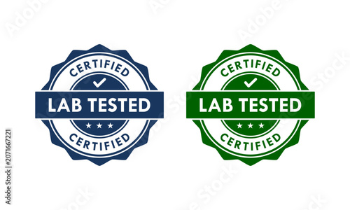 Certified lab tested badge seal template featuring a checkmark, stars, and a jagged circle outline in blue and green colors, perfect for clinical product quality assurance.