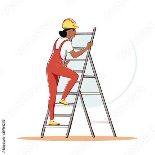 Woman in overalls climbing a ladder with safety helmet