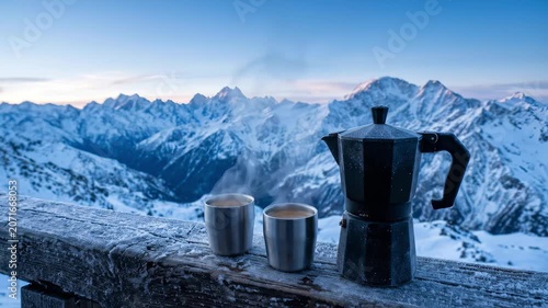 A stylishly crafted moka pot brews aromatic coffee on a rustic wooden ledge overlooking breathtaking snow-capped peaks at dawn, inviting a moment of calm and connection with nature.