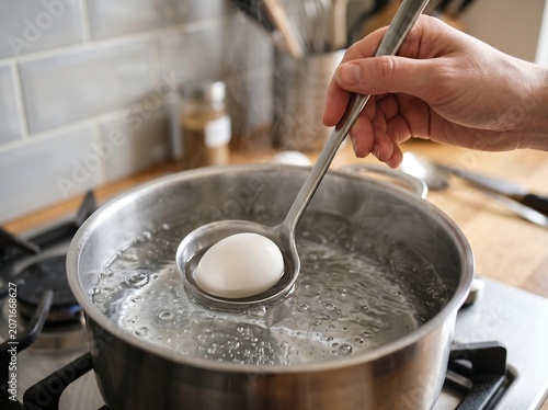 Gently lowering an egg into simmering water to boil