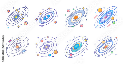Colorful planets orbiting in space illustration - Vibrant vector illustration of planets with different colors and orbits around a central sun, perfect for space or astronomy-themed projects.