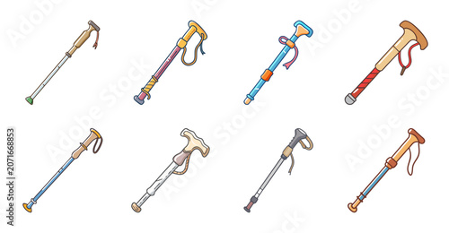Colorful hiking walking sticks set illustration - A vibrant collection of six walking sticks or hiking poles in various colors and designs, ready for outdoor adventures.