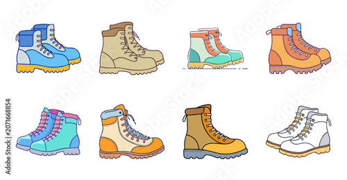 Colorful cartoon kids hiking boots collection - Bright and cheerful set of eight cartoon-style children's hiking boots in various colors and styles, perfect for educational or playful designs.