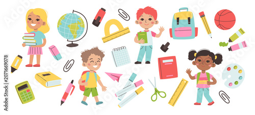 Back to school elements. Pupils and set of school supplies. Vector illustration in flat style