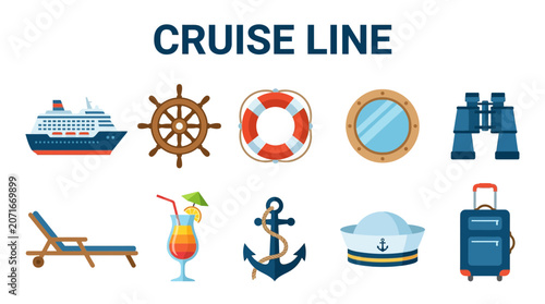 Bild auf Leinwand Cruise Line Icons Set Featuring Ship Anchor and Travel Essentials