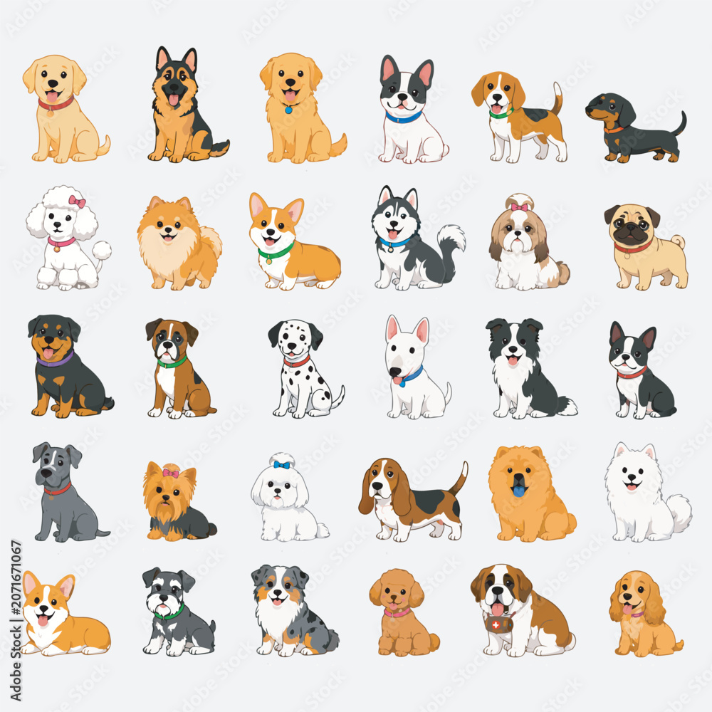 Obraz premium Set of cute cartoon dog breed stickers Vector, illustration
