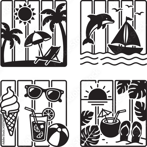 Beach vacation elements set featuring a sailboat, palm trees, ice cream, sunglasses, and coconut cocktail in a flat vector style.
