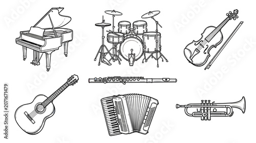 Foto Collection of Musical Instruments Hand Drawn Sketch