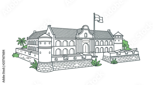 Obraz na plátně Historic Fort Illustration, Colonial Architecture, Landmark Building, Flag, Cann