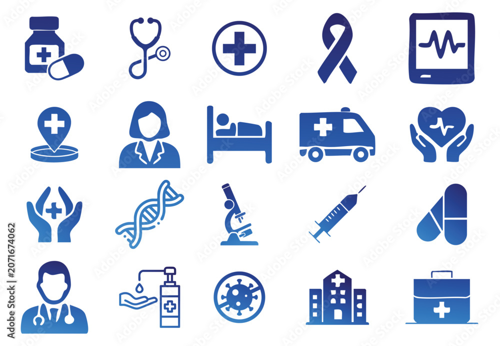 Fototapeta premium Medical and pharmacy icon set with lab equipment healthcare symbols and scientific research signs