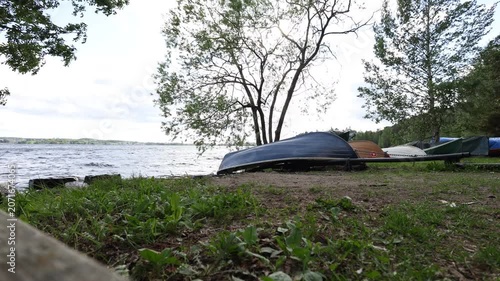 A serene view of a Finnish lake shore, featuring several rowboats stored upside down on the grassy bank. The wind gently rustles the leaves of a large tree as ripples move across the vast water under