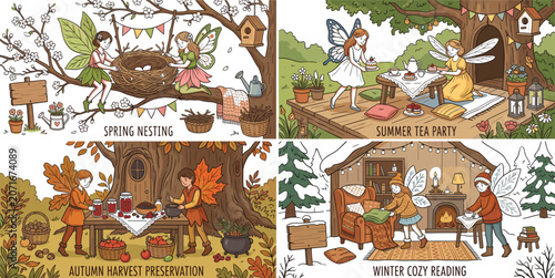 Four Seasons Woodland Fairy Vignettes Set Featuring Spring Nesting Summer Tea Party Autumn Harvest Preservation and Winter Cozy Reading Treehouse Illustration