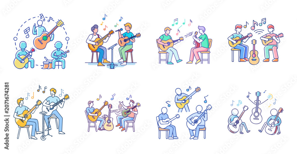Fototapeta premium Happy people dancing with mobile phones - Colorful illustration of joyful individuals dancing while holding mobile phones, celebrating together in a fun and lively setting.