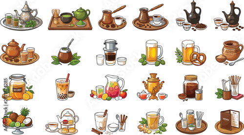 Global Traditional Beverages and Cafe Culture Vector Icon Set Featuring Matcha Coffee Turkish Cezve Moroccan Mint Tea Bubble Tea Samovar and Beer