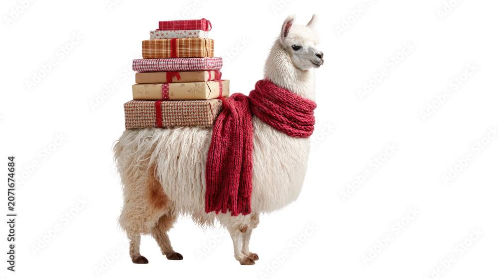 Fototapeta premium Adorable white llama wearing red knitted scarf carrying stacked Christmas gift boxes festive holiday concept isolated on white background