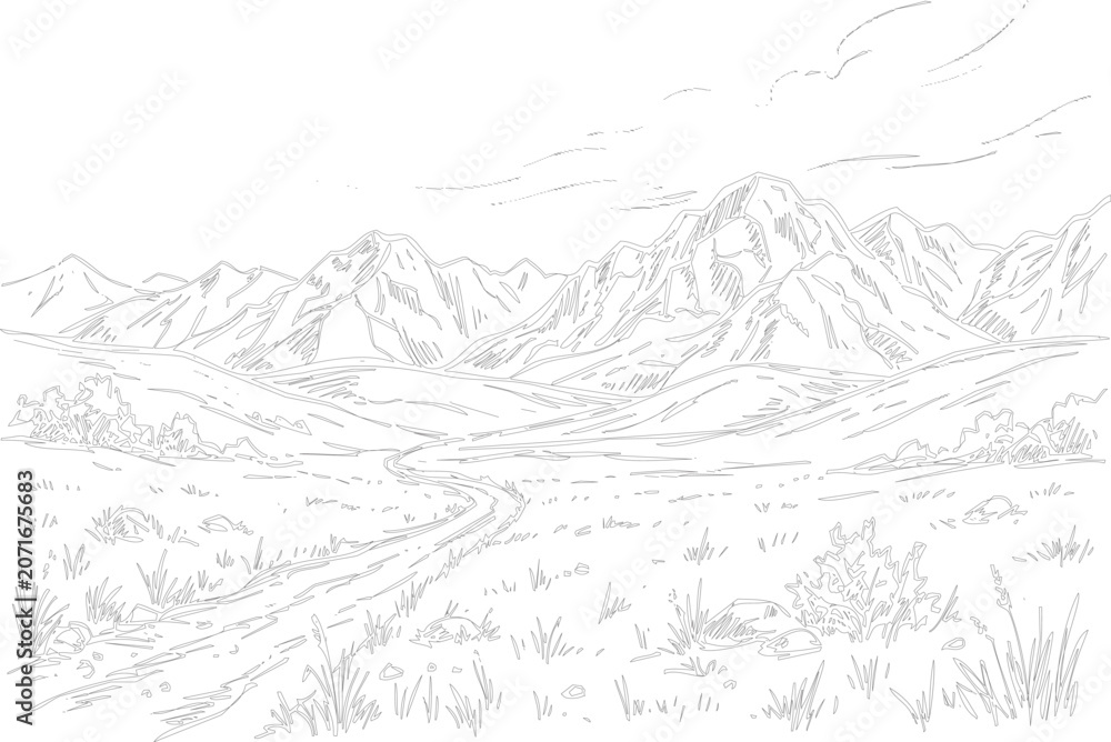 Obraz premium A scenic landscape of mountains and a winding road through grassy hills