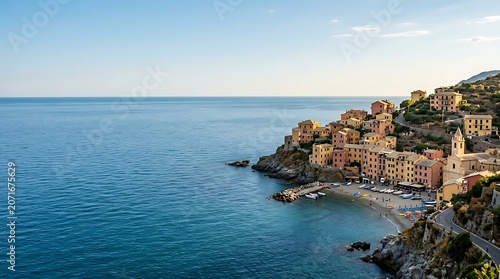 Scenic coastal village with colorful houses on a rocky cliff