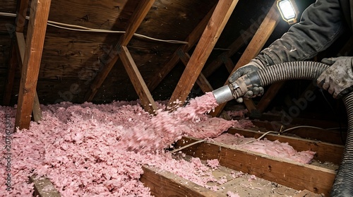 Worker spraying pink fiberglass insulation into a home attic