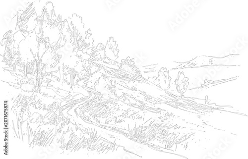 Tableau sur toile Serene landscape with winding path and trees on rolling hillside