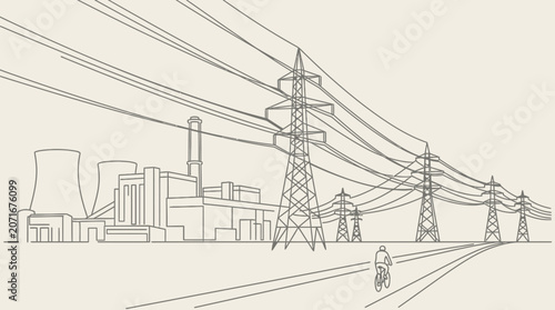 Continuous line art illustration of a power plant and electricity transmission towers.