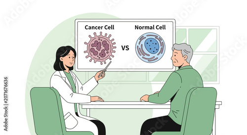 Doctor explains cancer cell vs normal cell to patient illustration