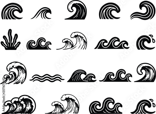 Collection of black wave graphics isolated on transparent background